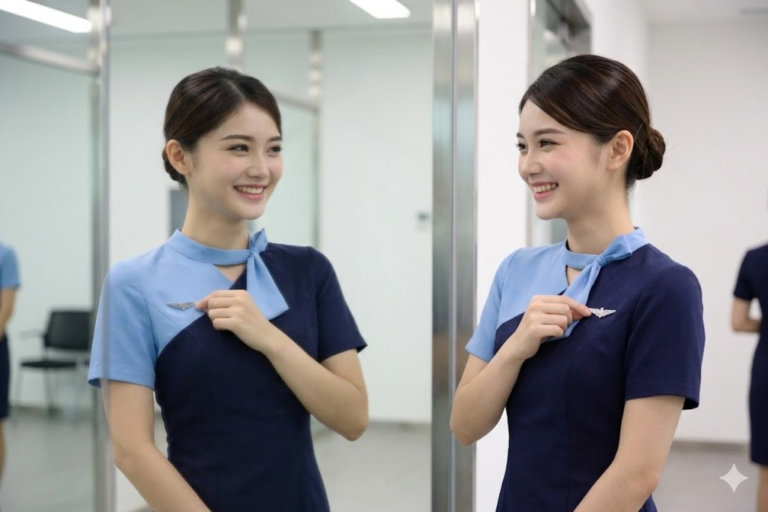 Siswa pramugari tersenyum di depan cermin