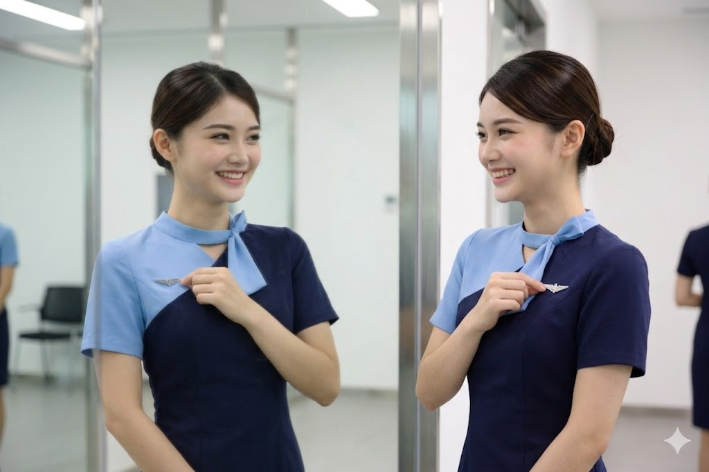 Siswa pramugari tersenyum di depan cermin