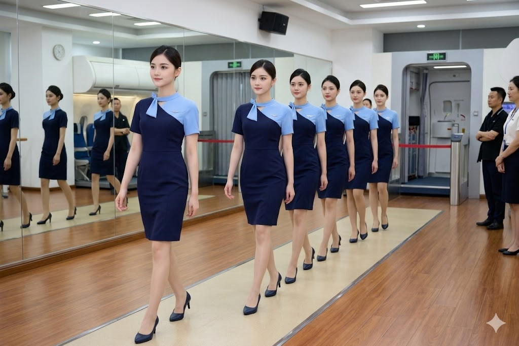 latihan berjalan siswa sekolah pramugari dengan postur elegan